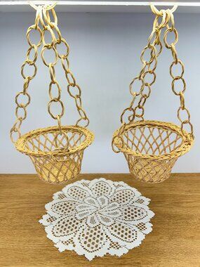 Vintage Pair of Boho Wicker Hanging Baskets with Chains (6 Inch Set) Rustic Wall